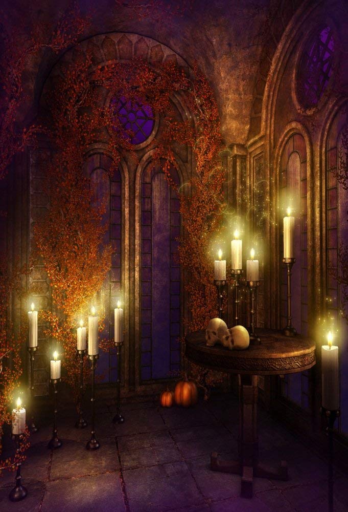 AOFOTO 4x6ft Vintage Dim Gothic Room Background Halloween Scary Skull Photography Backdrop Haunted Castle Interior Burning Candles Candlestick Fall Vines Ivy Photo Studio Props Girl Boy Kid Portrait - Image 2